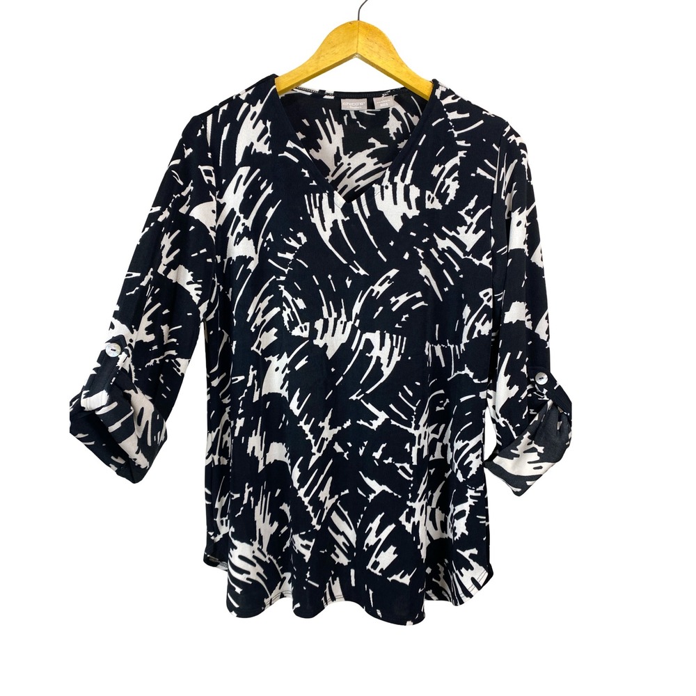Chicos Travelers Black White Abstract V-Neck Roll Tab Sleeve Top Size 1 Med 8 10